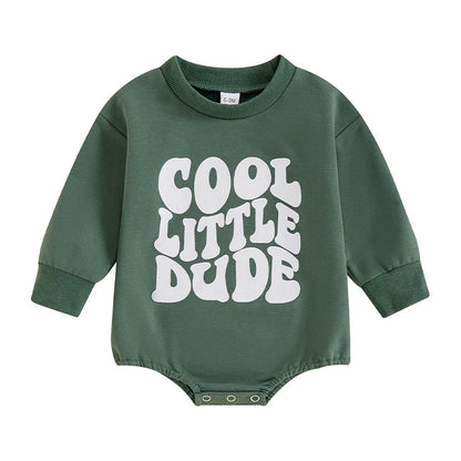 Baby Boy Cool Little Dude Bubble Romper Letter Print Round Neck Long Sleeve Casual Jumpsuit Bodysuit