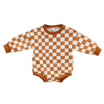 Baby Boy Girl Fall Sweatshirt Bodysuit Checkerboard Print Long Sleeve Jumpsuit Romper