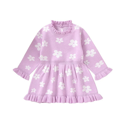 Baby Toddler Girl Long Sleeve Flower Floral Print Ruffle Sweater A-Line Dress