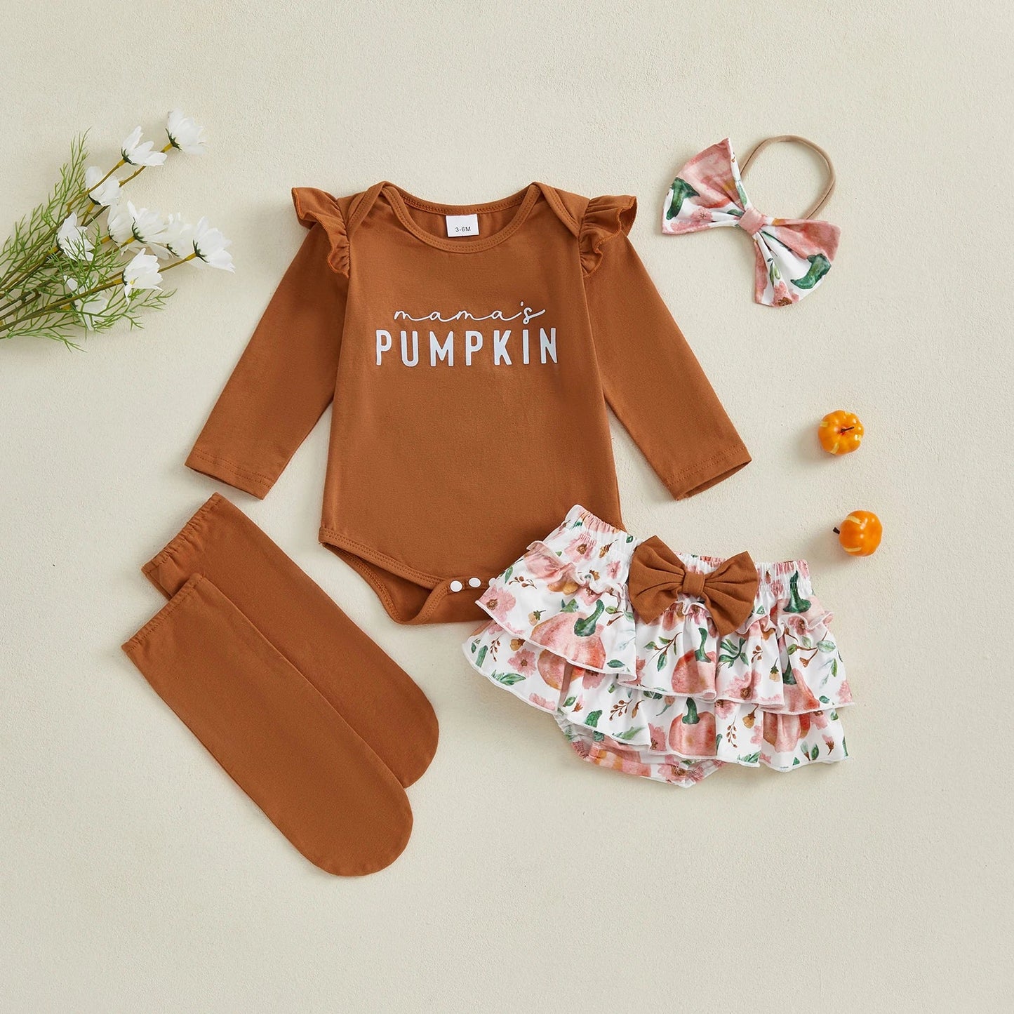 Baby Girls 4Pcs Halloween Outfit Letter Mama's Pumpkin Long Sleeve Romper Pumpkin Ruffle Shorts Skirt Bow Headband Solid Stockings Set