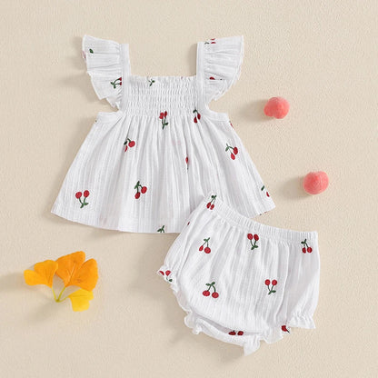 Baby Toddler Girl 2Pcs Shorts Set Cherry Print Fly Sleeve Babydoll Top Elastic Waist Ruffle Shorts Summer Outfit