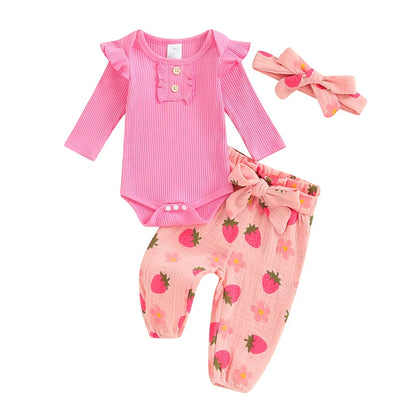 Baby Girls 3Pcs Fall Outfit Long Sleeve Ribbed Romper + Floral Flower Print Pants + Headband Set