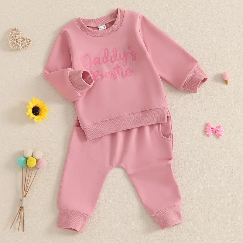 Baby Toddler Girls 2Pcs Daddy's Bestie Outfit Letter Print Long Sleeve Crewneck Top with Solid Pants Jogger Set