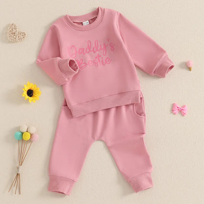 Baby Toddler Girls 2Pcs Daddy's Bestie Outfit Letter Print Long Sleeve Crewneck Top with Solid Pants Jogger Set