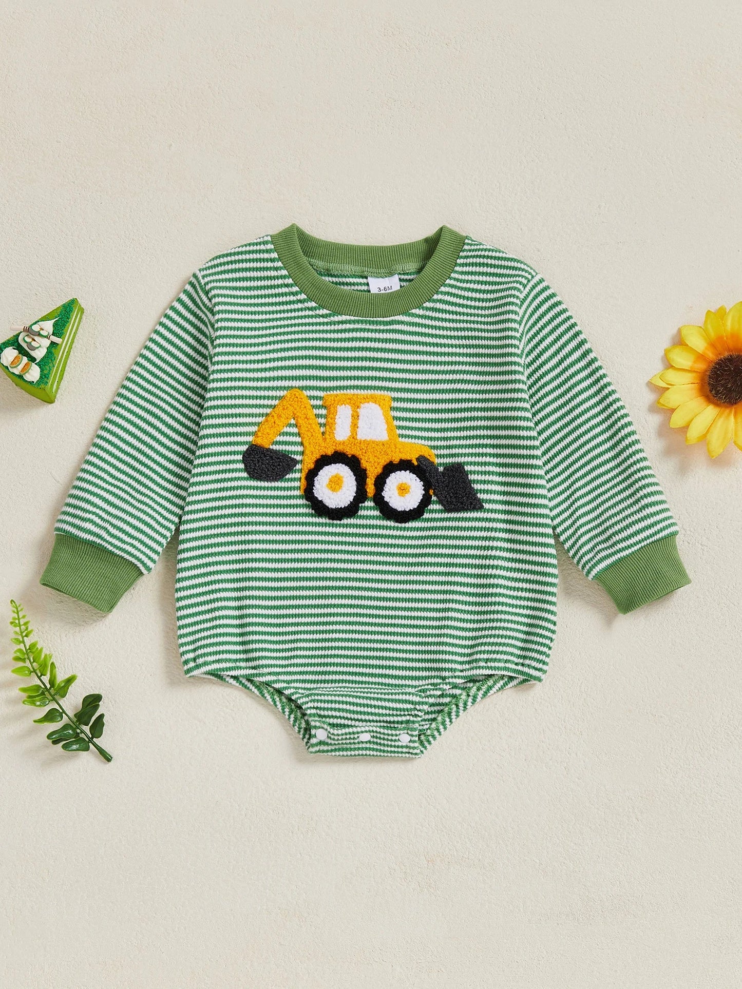 Baby Boy Fall Bubble Romper Casual Digger Tractor Embroidery Striped Long Sleeve Jumpsuit Infant Cute Outfit