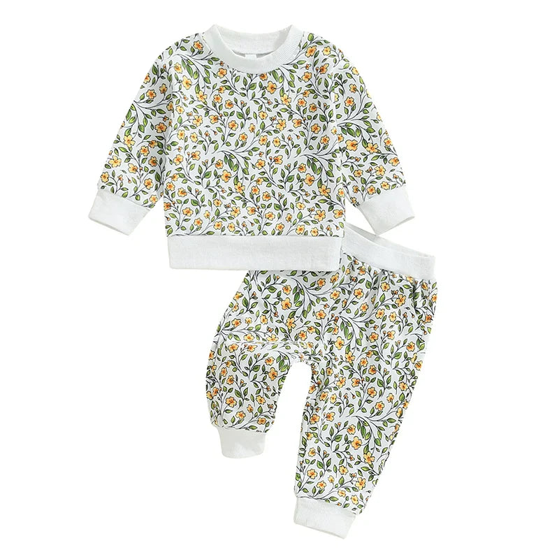 Baby Toddler Girls 2Pcs Outfit Floral Flowers Long Sleeve Crew Neck Top with Elastic Waist Pants Set