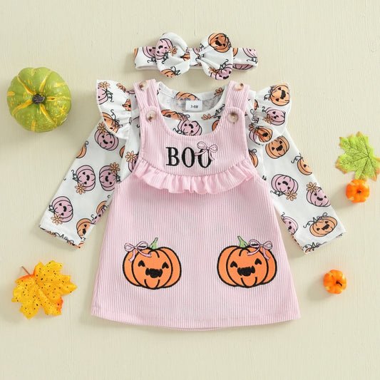 Baby Girls 3Pcs Halloween Outfit Pumpkin Print Long Sleeves Romper and Overall Tank Dress Bow Headband Set