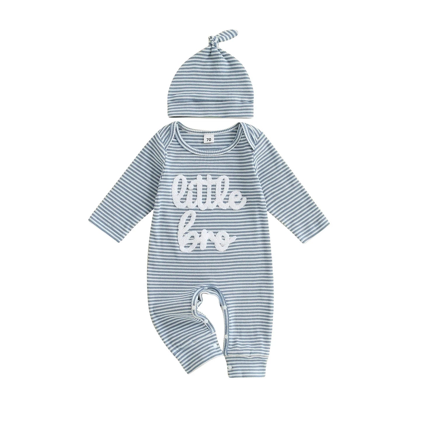 Baby Boys 2Pcs Autumn Striped Jumpsuit Long Sleeve Crewneck Letter Little Bro Embroidery Romper with Hat Set