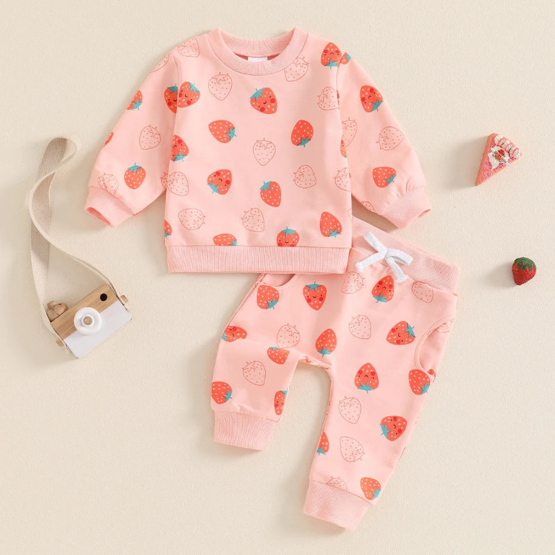 Baby Toddler Girls 2Pcs Fall Strawberry Print Outfit Long Sleeve Top Elastic Waist Pants with Pockets Set