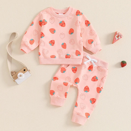 Baby Toddler Girls 2Pcs Fall Strawberry Print Outfit Long Sleeve Top Elastic Waist Pants with Pockets Set