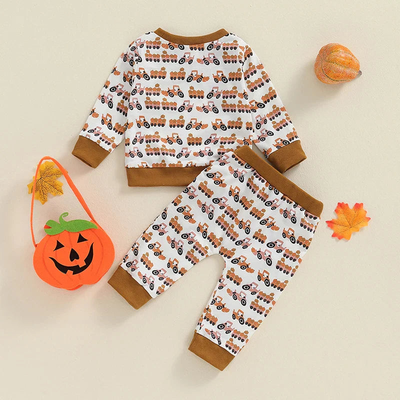 Baby Toddler Boys 2Pcs Halloween Outfit Pumpkin Trailer Tractor Print Long Sleeve Top and Long Pants Fall Set