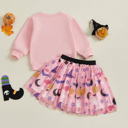 Baby Toddler Girls 2Pcs Girl Boo Halloween Outfit Long Sleeve Letter Ghost Embroidery Tops A-line Tulle Skirt Set