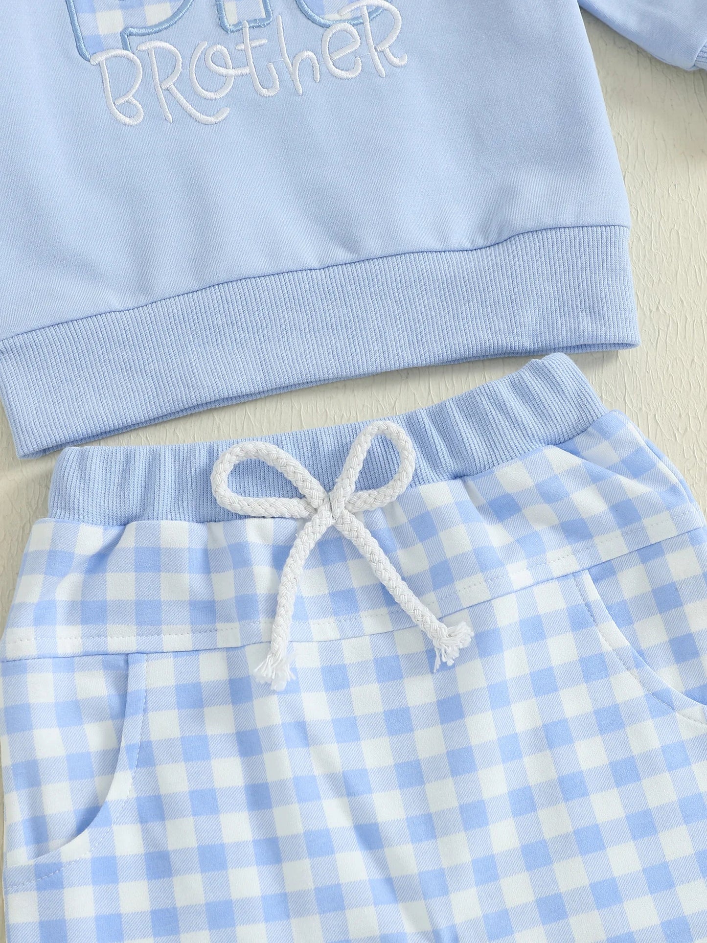 Baby Toddler Boys 2Pcs Fall Outfit Letter Embroidery Big Brother Long Sleeve Top and Elastic Plaid Pants Clothes