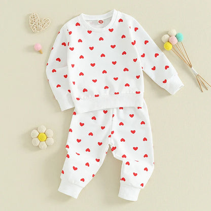Baby Toddler Girls 2Pcs Clothes Valentine's Day Outfits Long Sleeve Crewneck Heart Print Pants Set