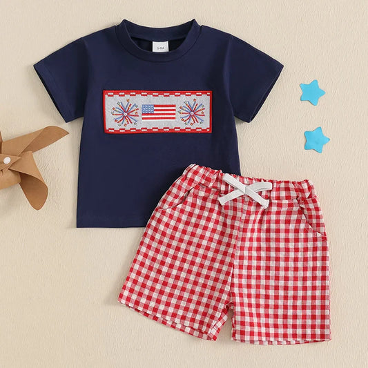Baby Toddler Boys 2Pcs 4th of July Outfit Short Sleeve Truck/Flag Embroidery T Shirt Top + Shorts Set Clothes