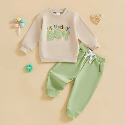 Baby Toddler Boy 2Pcs Birthday Boy Outfit Letter Ballon Embroidery Long Sleeve Pullover Crewneck Top Elastic Waist Solid Pants Jogger Set