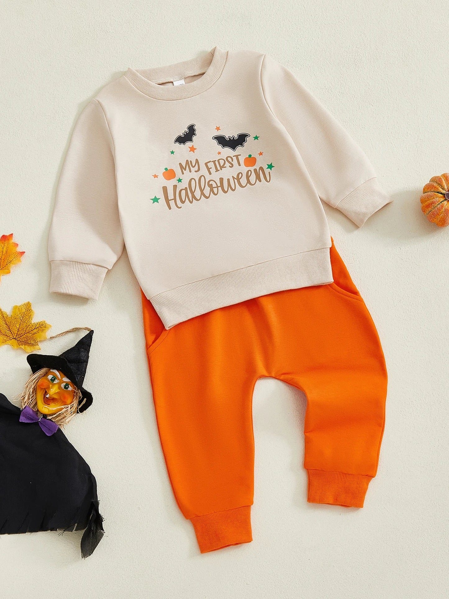 Baby Toddler Boys 2Pcs My First Halloween Outfit Letter Print Long Sleeve Top with Bat Embroidered Jogger Pants Set