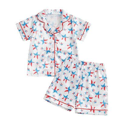 Toddler Girls Patriotic Pajamas Set Summer Star/Bow Print Button up Short Sleeves Shirt with Elastic Shorts for Loungewear