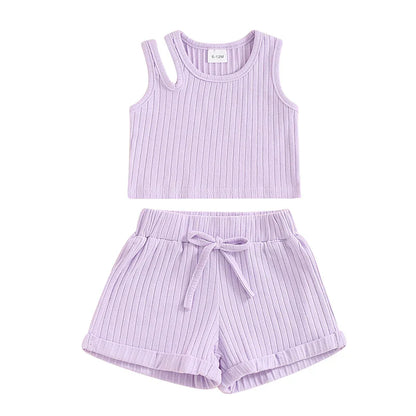 Baby Toddler Girls 2Pcs Ribbed Tank Top Elastic Waistband Drawstring Shorts Matching Outfit Set