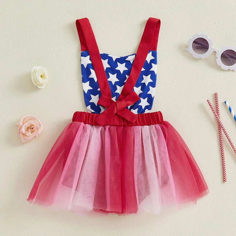 Baby Girls Romper Dress Sleeveless Tank Stars USA Flag Heart Tulle Patchwork Party Bodysuit Tutu Summer 4th of July Clothing