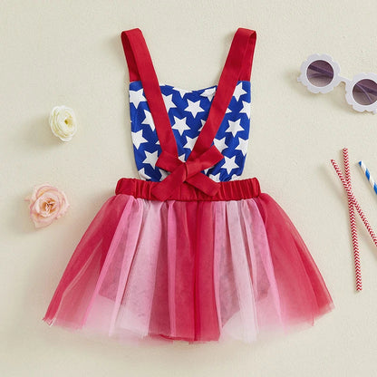 Baby Girls Romper Dress Sleeveless Tank Stars USA Flag Heart Tulle Patchwork Party Bodysuit Tutu Summer 4th of July Clothing