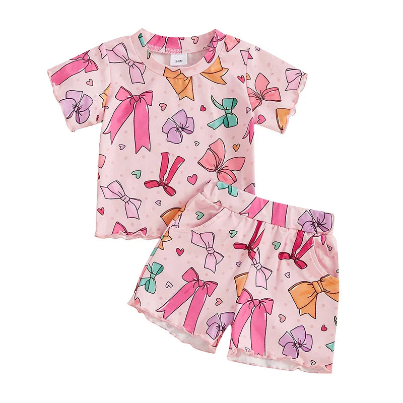 Baby Toddler Kids Girls 2Pcs Summer Outfit Bow Print Crew Neck Short Sleeve T-Shirt Top Frilly Shorts Clothes Set