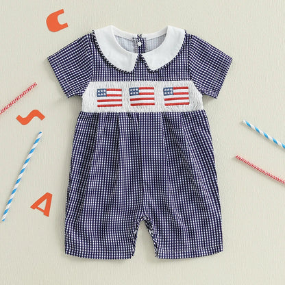 Baby Girl 4th of July Romper Smocked Plaid Pattern American Flag Embroidery Ruffled Doll Collar Short Sleeve Jumpsuit