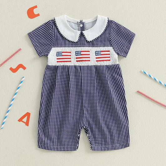 Baby Girl 4th of July Romper Smocked Plaid Pattern American Flag Embroidery Ruffled Doll Collar Short Sleeve Jumpsuit