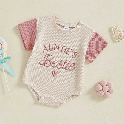 Baby Girl Auntie's Bestie Romper Contrast Color Letter Embroidery Waffle Crew Neck Short Sleeve Jumpsuit