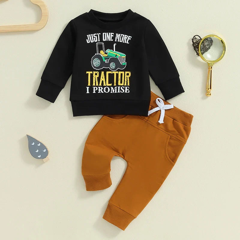 Baby Toddler Boys 2Pcs A Little Dirt Never Hurt/ Just One More Tractor I Promise Fall Outfit Letter Tractor Print Long Sleeve Top and Long Pants Set