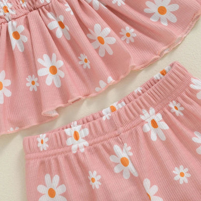 Baby Toddler Girls 3Pcs Outfit Sleeveless Daisy Flower Print Baby Doll Tank Top Shorts Headband Set