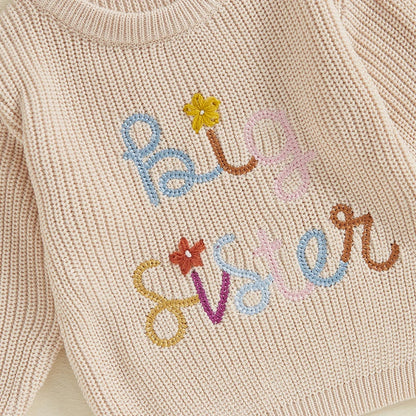Baby Toddler Kids Girls Big Sister Fall Winter Sweater Casual Letter Flower Embroidery Crew Neck Long Sleeve Pullover Top
