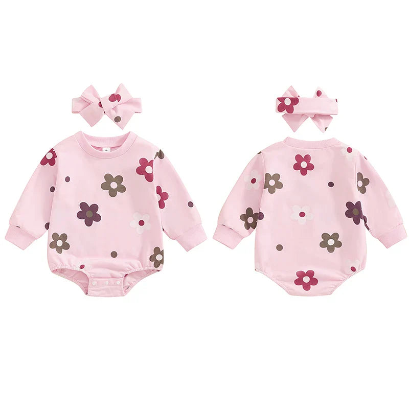 Baby Girls 2Pcs Buble Romper Floral Flowers Print Round Neck Long Sleeve Jumpsuit with Headband Fall Set