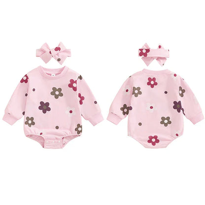 Baby Girls 2Pcs Buble Romper Floral Flowers Print Round Neck Long Sleeve Jumpsuit with Headband Fall Set