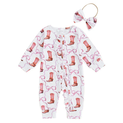Baby Girl 2Pcs Fall Jumpsuit Ruffled Zip Up Boots Ribbons Print Long Sleeve Round Neck Zipper Romper Bow Headband Set