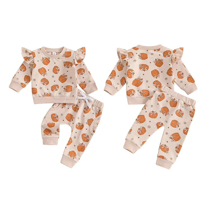 Baby Toddler Girl 2Pcs Halloween Outfit Pumpkin Print Long Sleeve Top with Elastic Waist Pants Set