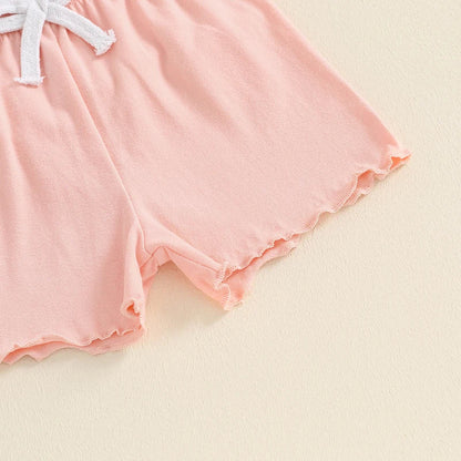 Baby Toddler Kids Girls 2Pcs Short Sleeve Crew Neck Ruffle Sleeve Top with Elastic Waist Shorts Outfit Set