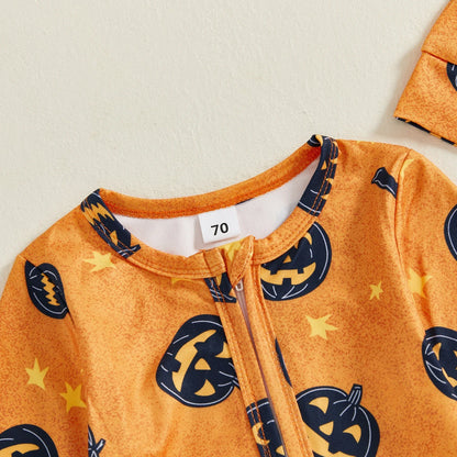 Baby Boy Girl 2Pcs Halloween Footed Zipper Romper Pumpkin Print Long Sleeve Round Neck Zip Jumpsuit with Hat Set