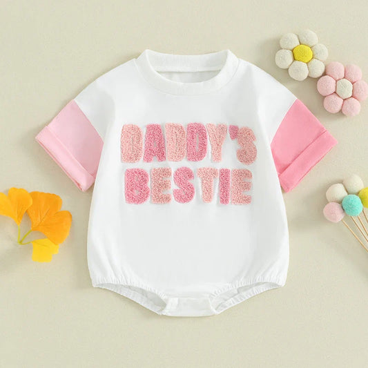 Baby Girl Daddy's Bestie Embroidery Letters Romper Short Sleeve Bodysuit Father Gift Clothes