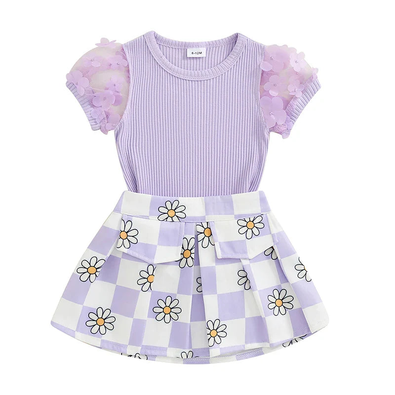 Toddler Kids Girls 2Pcs Summer Outfit Mesh Flower Sleeve Ribbed Top Floral Checker Print Skirt Set