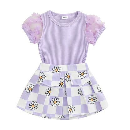 Toddler Kids Girls 2Pcs Summer Outfit Mesh Flower Sleeve Ribbed Top Floral Checker Print Skirt Set