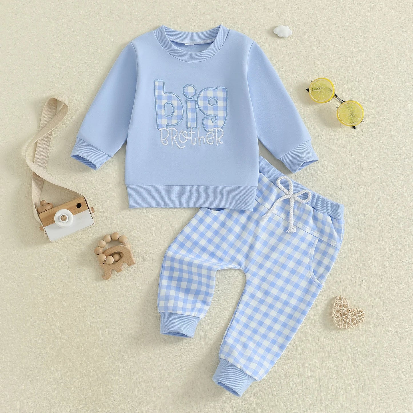 Baby Toddler Boys 2Pcs Fall Outfit Letter Embroidery Big Brother Long Sleeve Top and Elastic Plaid Pants Clothes