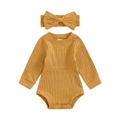 Baby Girls Spring Fall Solid Color Round Neck Long Sleeve Ribbed Romper Bow Headband Set
