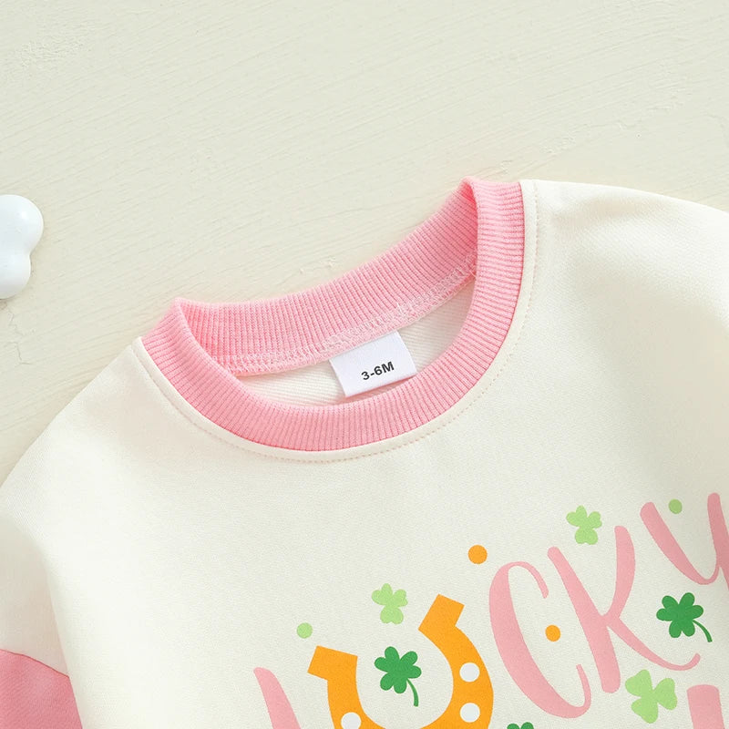 Baby Girls Lucky Girl Spring St. Patrick's Day Bubble Romper Long Sleeve Crewneck Shamrock Horseshoe Print Bodysuit