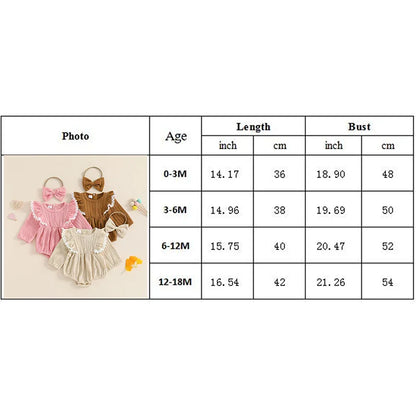 Baby Girls 2Pcs Set Lace Ruffled Trim Ribbed Long Sleeve Round Neck Romper Bow Headband Outfit