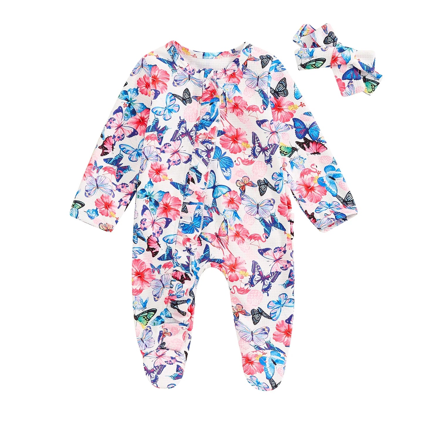 Baby Girls 2Pcs Long Sleeve Strawberry Flower Butterfly Print Frills Zipper Footies Jumpsuit and Headband Romper Set