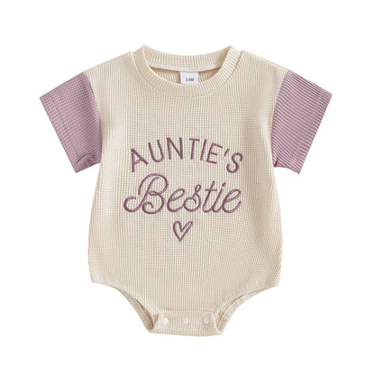 Baby Girl Auntie's Bestie Romper Contrast Color Letter Embroidery Waffle Crew Neck Short Sleeve Jumpsuit