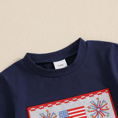 Baby Toddler Boys 2Pcs 4th of July Outfit Short Sleeve Truck/Flag Embroidery T Shirt Top + Shorts Set Clothes