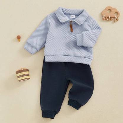 Baby Toddler Boys 2Pcs Autumn Outfit Set Long Sleeve Lapel Half Zip Up Pullover Solid Color Pants Set