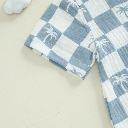 Baby Boy Romper Summer Short Sleeve Round Neck Checkered Tree Print Jumpsuit Playsuit